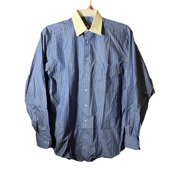 Bachrach Blue White Stripe Long Sleeve Button Up Dreess Shirt 16 - 34/35 - Picture 1 of 4